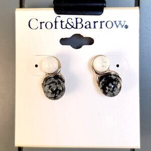 Croft & Barrow Black White Silver Faux Stone Stud Earrings Pierced Free Gift Bag